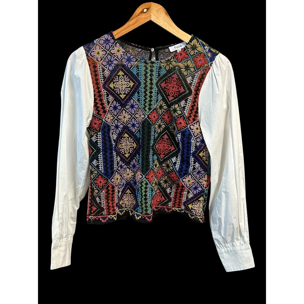 Fate Embroidered Top Colorful Geometric‎ Blouse Long Sleeve Size Small S